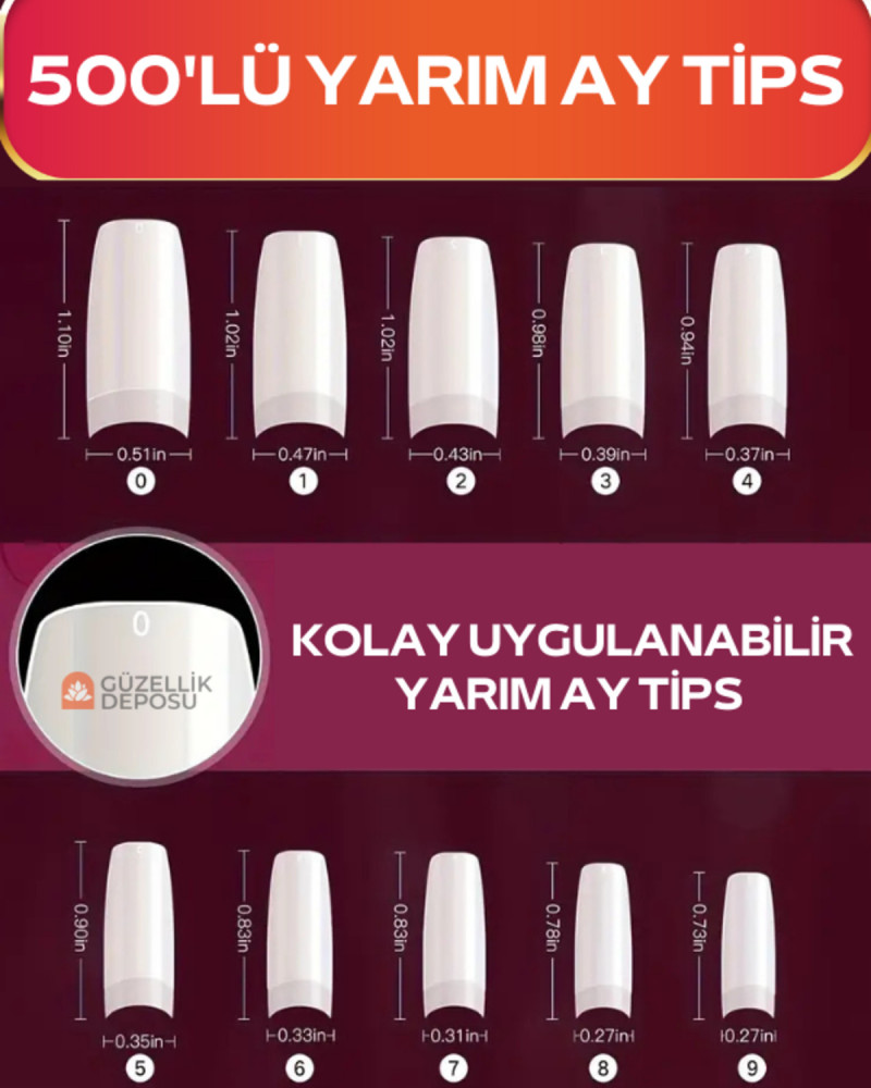 Ocean 500 Lü Yarım Ay Tips Protez Tırnak Kemik, Protez Tırnak Tips, Tırnak Yapma Tips