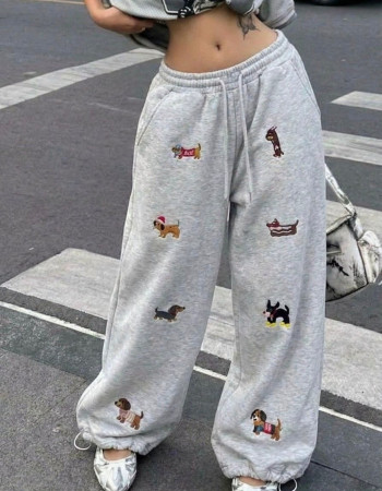 Gri Köpek Baskılı Eşofman Pantolon