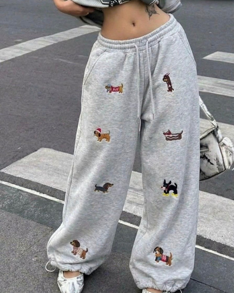 Gri Köpek Baskılı Eşofman Pantolon