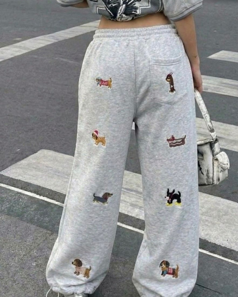 Gri Köpek Baskılı Eşofman Pantolon