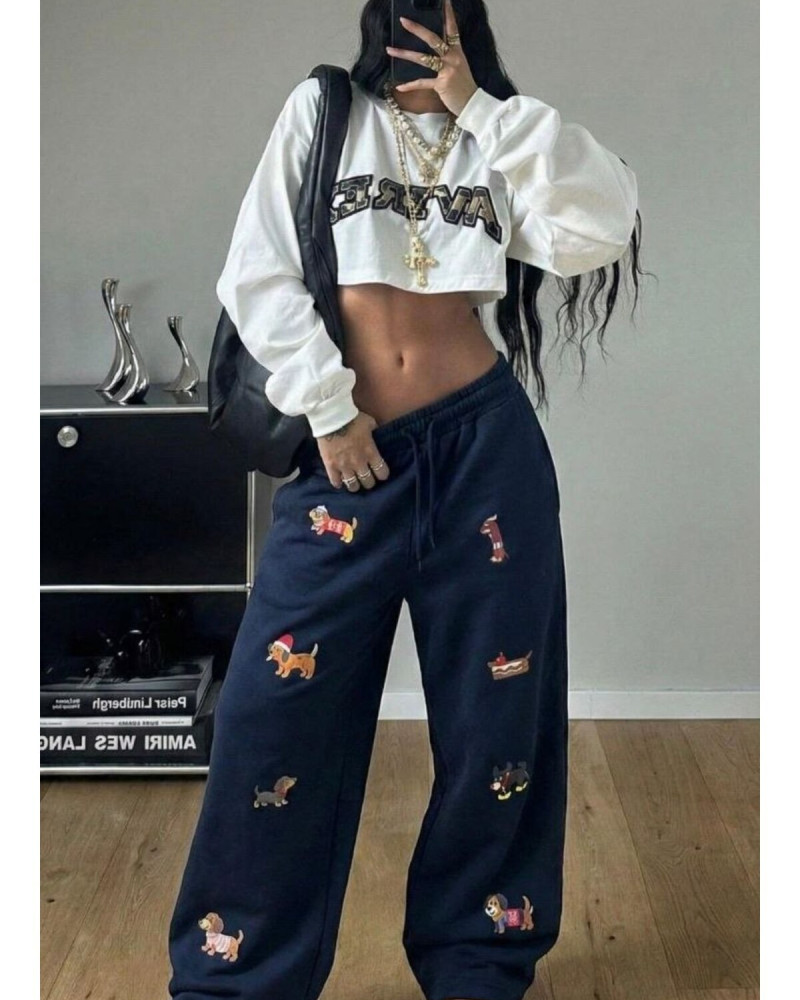 PinterestGirl Hayvan Desenli Oversize Eşofman Altı-LACİVERT