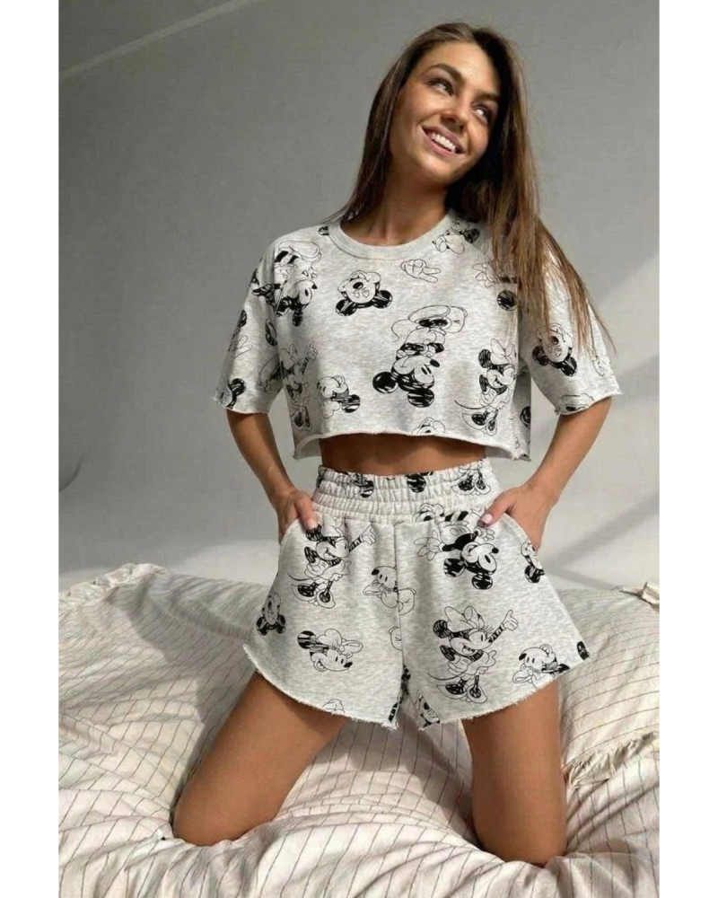 Gri Mickey Baskılı Natural Kesim Şortlu Takım