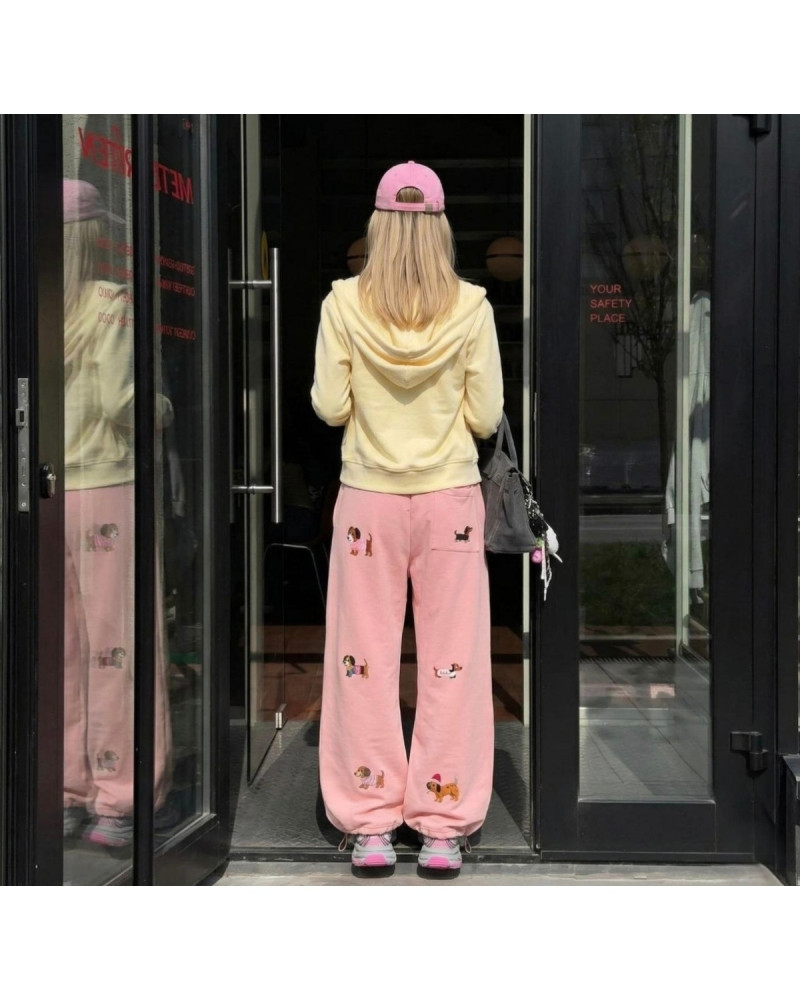 Pembe Köpek Baskılı Eşofman Pantolon
